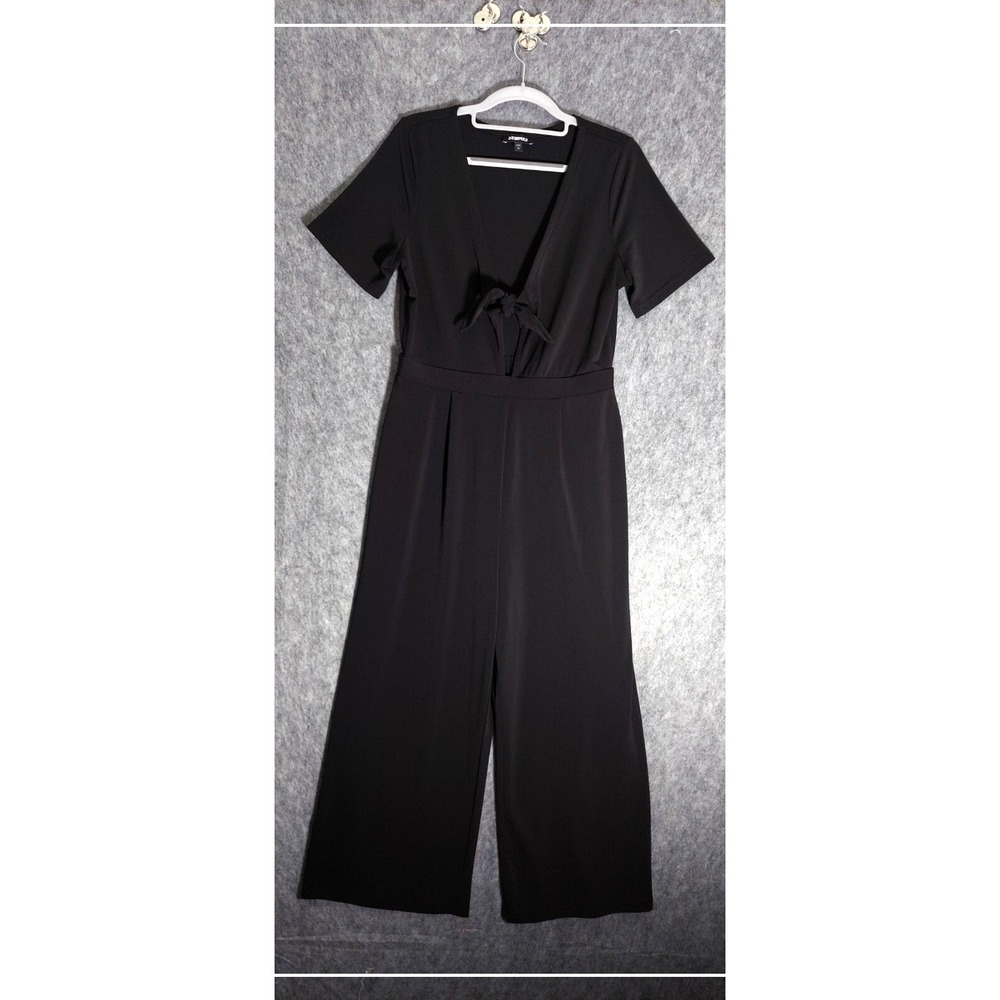 Express Jumpsuit Women Medium Black Front Tie V-Neck Short Sleeve Wide Leg Crepe